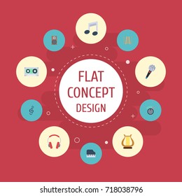 Flat Icons Audio Box, Musical Instrument, Quaver And Other Vector Elements. Set Of Studio Flat Icons Symbols Also Includes Quaver, Octave, Piano Objects.