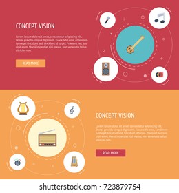 Flat Icons Audio Box, Retro Disc, Tone Symbol And Other Vector Elements. Set Of Melody Flat Icons Symbols Also Includes Control, Fm, Speaker Objects.