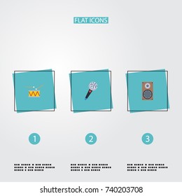Flat Icons Audio Box, Tambourine, Karaoke And Other Vector Elements. Set Of Melody Flat Icons Symbols Also Includes Instrument, Audio, Drum Objects.