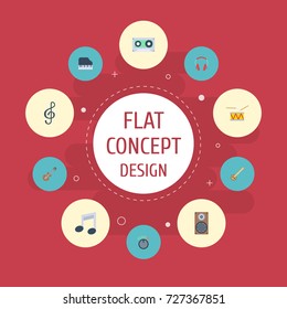 Flat Icons Audio Box, Tape, Earphone And Other Vector Elements. Set Of Melody Flat Icons Symbols Also Includes Note, Guitar, Box Objects.