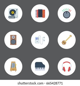 Flat Icons Audio Box, Turntable, Octave Keyboard And Other Vector Elements. Set Of Audio Flat Icons Symbols Also Includes Rhythm, Box, Mp3 Objects.