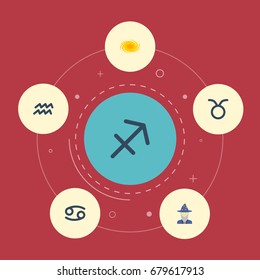 Flat Icons Augur, Crab, Bull And Other Vector Elements. Set Of Astrology Flat Icons Symbols Also Includes Taurus, Archer, Arrow Objects.