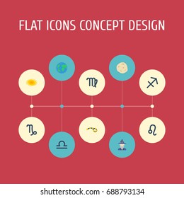 Flat Icons Augur, Virgin, Horoscope And Other Vector Elements. Set Of Astrology Flat Icons Symbols Also Includes Human, Sagittarius, Comet Objects.