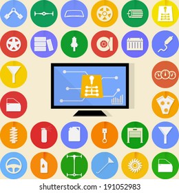 Flat icons for auto repair. Circle colored icons and diagnostic monitor for auto repair.