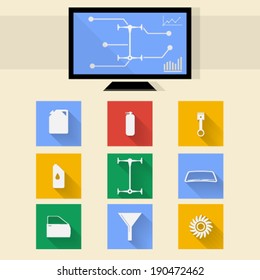Flat icons for auto repair. Square colored icons and diagnostic monitor for auto repair.
