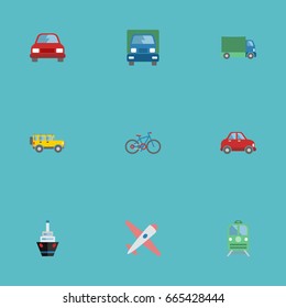 Flat Icons Automobile, Jeep, Bicycle And Other Vector Elements. Set Of Vehicle Flat Icons Symbols Also Includes Boat, Subway, Vessel Objects.