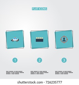 Flat Icons Automobile, Jury, Suspicious And Other Vector Elements. Set Of Crime Flat Icons Symbols Also Includes Jury, Automobile, Suspicious Objects.