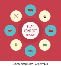 Flat Icons Automotive, Lorry, Aircraft And Other Vector Elements. Set Of Auto Flat Icons Symbols Also Includes Balloon, Airship, Truck Objects.