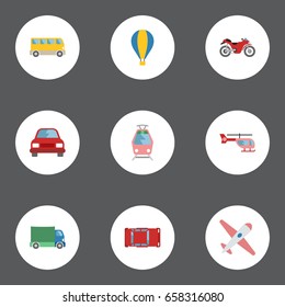Flat Icons Automotive, Streetcar, Automobile And Other Vector Elements. Set Of Vehicle Flat Icons Symbols Also Includes Airplane, Lorry, Balloon Objects.