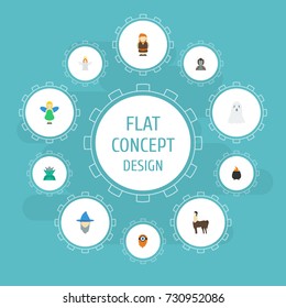 Flat Icons Avatar, Huge Man, Halo And Other Vector Elements. Set Of Cartoon Flat Icons Symbols Also Includes Man, Wizard, Huge Objects.