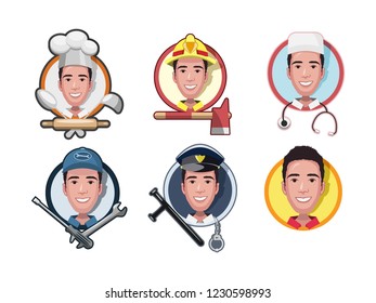 Flat icons avatars of different professions. Fireman, Doctor, Policeman, Cook, Mechanic. Vector isolated illustration.