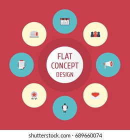 Flat Icons Award, Customer Summary, Laptop And Other Vector Elements. Set Of Advertising Flat Icons Symbols Also Includes Promotion, Chart, Laptop Objects.