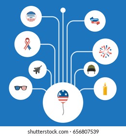 Flat Icons Awareness, Fire Wax, Usa Badge And Other Vector Elements. Set Of Day Flat Icons Symbols Also Includes Plane, Glasses, Decoration Objects.