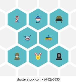 Flat Icons Awareness, Tomb, Soldier Helmet And Other Vector Elements. Set Of Day Flat Icons Symbols Also Includes Awareness, Rip, Drum Objects.