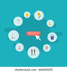Flat Icons Axe, Bucket, Cutter And Other Vector Elements. Set Of Agriculture Flat Icons Symbols Also Includes Pruner, Flower, Latex Objects.