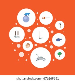 Flat Icons Axe, Green Wood, Spray Bottle And Other Vector Elements. Set Of Agriculture Flat Icons Symbols Also Includes Cutter, Scythe, Ax Objects.