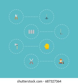 Flat Icons Axe, Rake, Latex And Other Vector Elements. Set Of Agriculture Flat Icons Symbols Also Includes Tool, Pruner, Rake Objects.