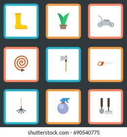 Flat Icons Axe, Rubber Boots, Garden Hose And Other Vector Elements. Set Of Horticulture Flat Icons Symbols Also Includes Tools, Gumboots, Hacksaw Objects.