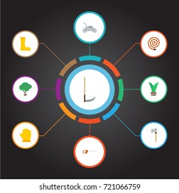 Flat Icons Axe, Rubber Boots, Hacksaw And Other Vector Elements. Set Of Agriculture Flat Icons Symbols Also Includes Grower, Tree, Fruit Objects.