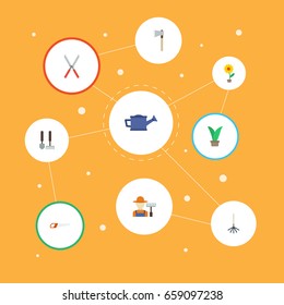 Flat Icons Axe, Scissors, Flowerpot And Other Vector Elements. Set Of Horticulture Flat Icons Symbols Also Includes Pruner, Garden, Axe Objects.