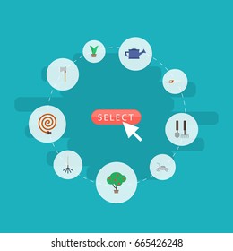 Flat Icons Axe, Tools, Watering Can And Other Vector Elements. Set Of Gardening Flat Icons Symbols Also Includes Fruit, Lawnmower, Watering Objects.