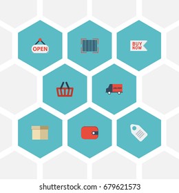 Flat Icons Bag, Buy Now, Sign And Other Vector Elements. Set Of Shopping Flat Icons Symbols Also Includes Basket, Buy, Now Objects.