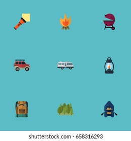 Flat Icons Bag, Fire, Suv And Other Vector Elements. Set Of Encampment Flat Icons Symbols Also Includes Fire, Kerosene, Camper Objects.