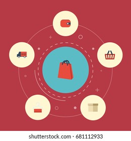 Flat Icons Bag, Pouch, Case And Other Vector Elements. Set Of Store Flat Icons Symbols Also Includes Truck, Money, Bus Objects.