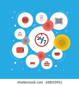 Flat Icons Bag, Sign, Big Sale And Other Vector Elements. Set Of Store Flat Icons Symbols Also Includes Maintenance, Money, Shopping Objects.