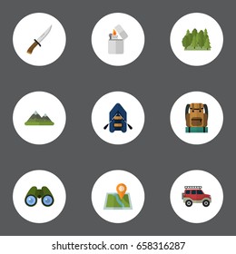 Flat Icons Bag, Suv, Zoom And Other Vector Elements. Set Of Encampment Flat Icons Symbols Also Includes Location, Hill, Lighter Objects.
