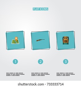 Flat Icons Bag, Weapon, Location And Other Vector Elements. Set Of Camping Flat Icons Symbols Also Includes Map, Baggage, Location Objects.