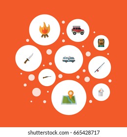 Flat Icons Bag, Weapon, Suv And Other Vector Elements. Set Of Camp Flat Icons Symbols Also Includes Bonfire, Weapon, Flammable Objects.
