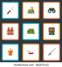 Flat Icons Bag, Zoom, Fishing And Other Vector Elements. Set Of Encampment Flat Icons Symbols Also Includes Life, Hunting, Tree Objects.