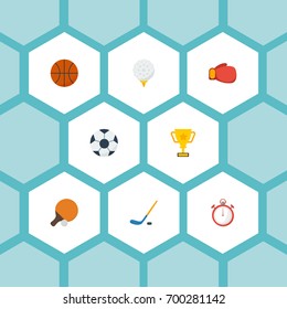 Flat Icons Ball, Basket, Boxing And Other Vector Elements. Set Of Sport Flat Icons Symbols Also Includes Second, Cup, Glove Objects.