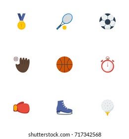 Flat Icons Ball, Ice Boot, Glove And Other Vector Elements. Set Of Fitness Flat Icons Symbols Also Includes Basketball, Basket, Second Objects.