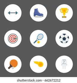 Flat Icons Ball, Uniform, Trophy And Other Vector Elements. Set Of Sport Flat Icons Symbols Also Includes Blower, Rocket, Uniform Objects.