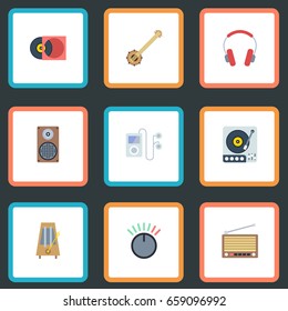 Flat Icons Banjo, Earphone, Audio Box And Other Vector Elements. Set Of Music Flat Icons Symbols Also Includes Motion, Headset, Audio Objects.