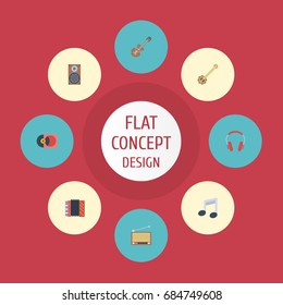 Flat Icons Banjo, Harmonica, Audio Box And Other Vector Elements. Set Of Music Flat Icons Symbols Also Includes Harmonica, Headset, Speaker Objects.