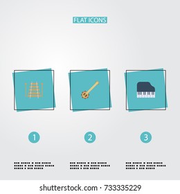 Flat Icons Banjo, Octave Keyboard, Musical Instrument And Other Vector Elements. Set Of Melody Flat Icons Symbols Also Includes Xylophone, Percussion, Instrument Objects.