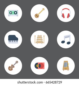 Flat Icons Banjo, Tape, Octave Keyboard And Other Vector Elements. Set Of Melody Flat Icons Symbols Also Includes Octave, Symbol, Motion Objects.