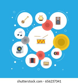 Flat Icons Banjo, Turntable, Audio Box And Other Vector Elements. Set Of Audio Flat Icons Symbols Also Includes Turntable, Box, Note Objects.