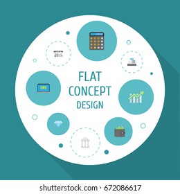 Flat Icons Bank, Accounting, Till And Other Vector Elements. Set Of Finance Flat Icons Symbols Also Includes Till, Chart, Calculator Objects.