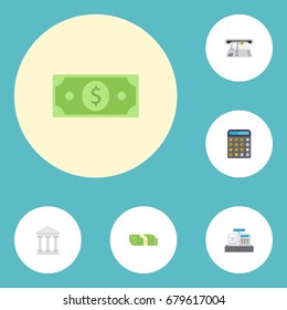 Flat Icons Bank, Cash Stack, Accounting And Other Vector Elements. Set Of Finance Flat Icons Symbols Also Includes Bank, Cash, Courthouse Objects.