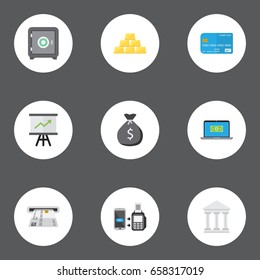 Flat Icons Bank, Ingot, Finance Sack And Other Vector Elements. Set Of Banking Flat Icons Symbols Also Includes Safe, Credit, Bars Objects.