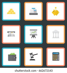 Flat Icons Bank, Ingot, Money Box And Other Vector Elements. Set Of Banking Flat Icons Symbols Also Includes Bank, Gavel, Growing Objects.