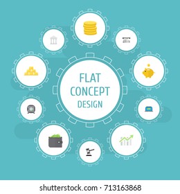 Flat Icons Bank, Strongbox, Billfold And Other Vector Elements. Set Of Finance Flat Icons Symbols Also Includes Gold, Courthouse, Bar Objects.