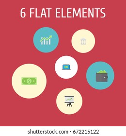 Flat Icons Bar Diagram, Billfold, Computer And Other Vector Elements. Set Of Finance Flat Icons Symbols Also Includes Notebook, Building, Growing Objects.