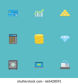 Flat Icons Bar Diagram, Computer, Jewel Gem And Other Vector Elements. Set Of Finance Flat Icons Symbols Also Includes Change, Laptop, Cash Objects.