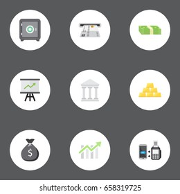 Flat Icons Bar Diagram, Ingot, Cash Stack And Other Vector Elements. Set Of Finance Flat Icons Symbols Also Includes Payment, Sack, Machine Objects.