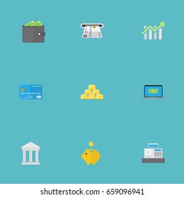 Flat Icons Bar Diagram, Payment, Ingot And Other Vector Elements. Set Of Banking Flat Icons Symbols Also Includes Courthouse, Diagram, Bank Objects.